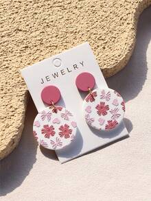 1对女士浪漫樱花小粉花心形印花陶瓷质感可爱亚克力圆形耳环 - 彩色 - 查看 2