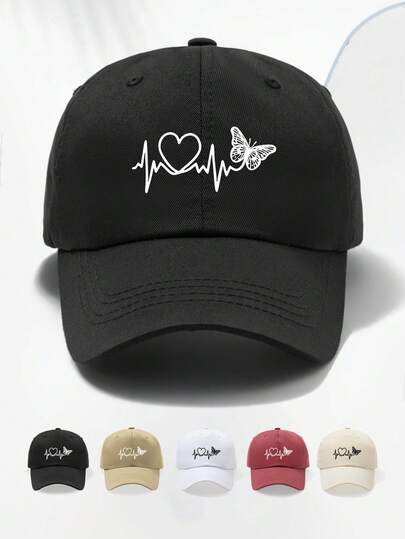 1pc Unisex Heartbeat & Butterfly Print Soft Top Baseball Cap, Adjustable Size, Breathable, Fashion Versatile, Casual, Running, Sports, Outdoor Activities, Enthusiasts Essential