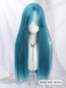 28英寸薄荷蓝直发合成假发，中分，质地自然柔软，耐热，适合派对和日常佩戴。