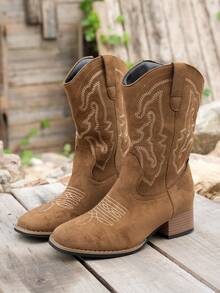 Women's Western Fabric Embroidered Fashion Boots, Wide Toe, Chunky Heel, Suitable For Holidays And All Seasons - Brown - View 7