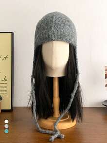 1pc Knit Hood Beanie Hat For Women, Winter, Niche, Flattering, Tie-Up Ear Warmer, Warm, Petite Trapper Hat, Lake Green