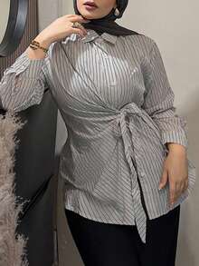 DAZY 女式系带腰部宽松条纹长袖衬衫 - 黑色 - 查看 5