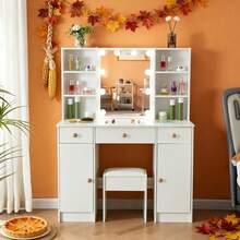 [Christmas Top Gift Choices] Rustic Solid Wood Vanity With Touch-Control Illuminated Mirror & 3 Adjustable Lights! Cosmetic Organizer Trays + Drawer Dividers, Built-In USB Charger, Perfect For Dressing Rooms - 白色 - 查看 2