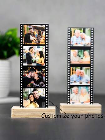 1 st akryl 2D personligt fotoställ, anpassningsbart foto som present till familjen, heminredning, klassisk filmdesign med träbas, lämplig för skrivbord eller nattduksbord