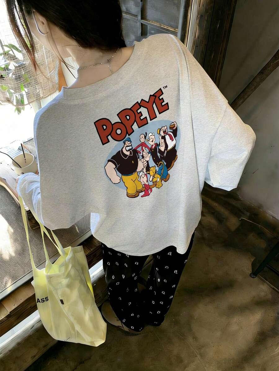 Women's Simple Solid Light Gray Undershirt, Loose Fit, Versatile For Daily, Home, Commute, Street, Y2K Style With Contrast Color Letter & Cartoon Print Crew Neck Long Sleeve Top T-Shirt - Light Grey - View 1