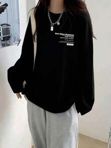 Letter Graphic Print Black Round Neck Long Sleeve T-Shirt For Women, Loose Design Versatile Top, Spring/Autumn