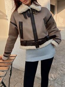 DEEKA 秋冬新款女式仿皮毛内衬机车夹克短外套 - 卡其色 - 查看 2