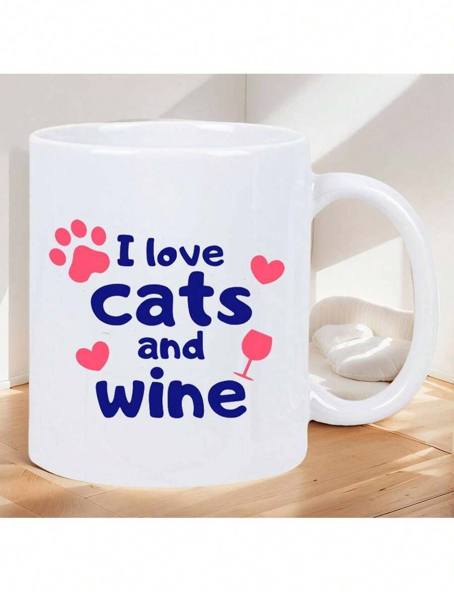 Me encantan los gatos y el vino - Taza de cerámica blanca con diseño de huella de pata y corazón, aislante y reutilizable. Regalo perfecto para amantes de los gatos. Es una taza de agua personalizada y original, ideal tanto para hombres como para muj - Blanco - Ver 1