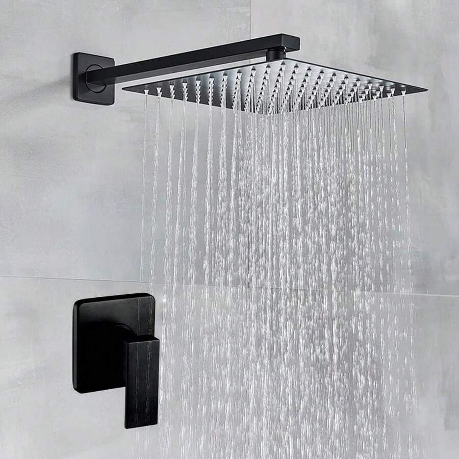 Kit Regadera Cuadrada 10 Pulgadas Tipo Lluvia Lujo Con Monomando Mezcladora y Tubo 40CM para Baño, Negro Grifos Juego de Ducha, Sistemas de Bañera y Ducha Completa Negra Mate - Negro mate - Ver 1