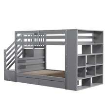 Bunk Bed 90*200 Cm, Safety Stairs With Storage Compartments, Storage Drawers And Large Lockers, High Railing Construction, Slatted Base, Pine Bed, Children's Bed, Youth Bed, White - 灰色 - 查看 9