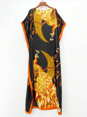 1 pieza Kaftan de satén con estampado floral para mujer, ligero y transparente como cubierta para la playa para primavera/verano, protección solar