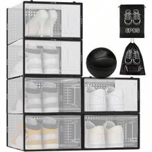 XGTCaja de zapatos de plástico ble organizador de cajas de zapatos multifuncional con 6 bs antolvo caja de zapatos dés para salón y dormito - Transparente y negro - Ver 1