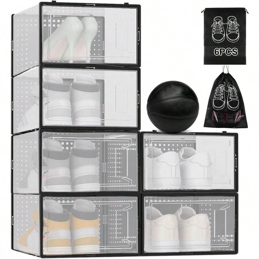 XGTCaja de zapatos de plástico ble organizador de cajas de zapatos multifuncional con 6 bs antolvo caja de zapatos dés para salón y dormito - Transparente y negro - Ver 1