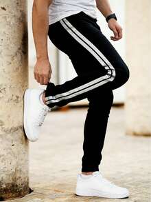 男士侧条纹休闲弹力修身牛仔裤，美式街头风牛仔裤 - 黑色 - 查看 2