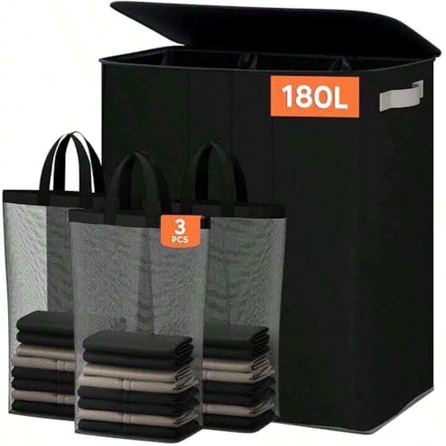 180l Cesto para Ropa Sucia Plegable, Canasta de Ropa Sucia con Tapa Y Asas, Organizador de Ropa Sucia con 3 Bolsas de Lavandería Extraíbles, para Lavadero, Dormitorio, Baño - / - Ver 1