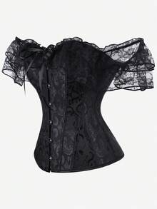 Overbust Lace Trim Off Shoulder Corset Top, Bustier, Bodice, Strapless Crop Top For Women, Vintage Burlesque Stage Performance - màu đen - Xem 2
