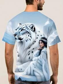 Men'S 3D Print T-Shirt - Majestic White Tiger & Crowned Woman Design, Light Blue Summer Casual Short Sleeve Top, Regular Fit, Machine Washable, Comfortable Fabric, Artistic Design, Smooth Texture, PLUS SIZE - 混合色 - 查看 5