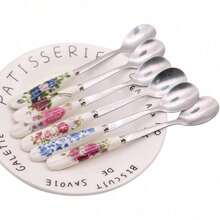6 Pack Stainless Steel Coffee Spoon Ceramic Handle Teaspoon Sugar Spoon Ice Cream Desert Spoon Stirring Soup Tableware - 預設 - 查看 3