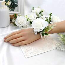 Meldel White Rose Wrist Corsage, Pack Of 2 PCS Wedding Bridal Wrist Flower Corsage Hand Flower Artificial Silk Rose Decor For Prom Party Wedding,2WristCosagesWhite - 2個白色腕花 - 查看 4