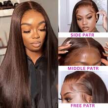 Put And Go 28英寸自然黑13x4高清蕾丝前假发，200%密度，4号棕色直发混纺真人发假发，5x5无胶预剪裁易戴假发，预先拔毛，预先漂白，带婴儿发，女士专用，告别打结 - 棕色 - 查看 4