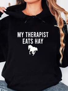 Women's Casual Hoodie Long Sleeve Horse Print Hoodie Autumn_Winter Machine Wash - 黑色 - 查看 2