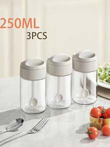 3个带一体式勺盖的密封玻璃调料罐 - 气密塑料调味罐，透明盖，适合家庭厨房，非常适合存放香草和香料 - 彩色 - 查看 2