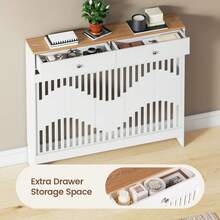 Jooli H Radiator Cover With Drawers, White Wooden Radiator Shelf Pipe Covers Cabinet With Wavy Grill For Living Room Bedroom Hallway - White+Wood - View 5
