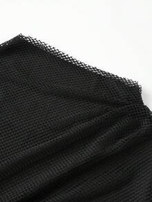 Womens Fishnet Overlay Bodysuit Long Sleeve High Neck Ruched Bodysuit Slim Fit Leotard Tops - Black - View 3