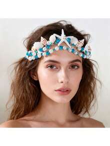 1件波西米亚美人鱼新娘头饰，百搭贝壳、海星、珍珠美人鱼公主发饰（随机包装），适合派对、度假、送礼、日常佩戴 - 藍色 - 查看 1