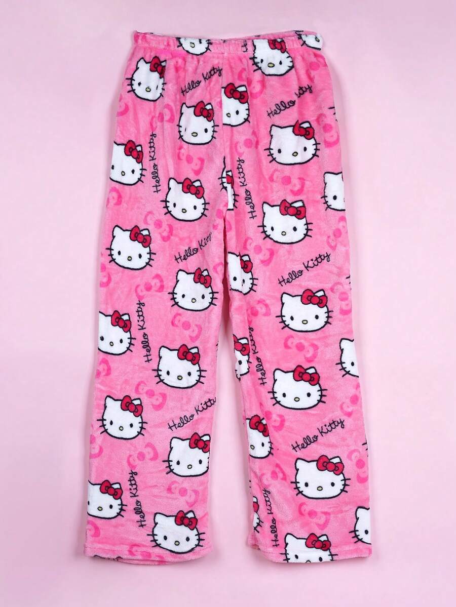 3pcs Sanrio Comfortable Hello Kitty Flannel Pajama Pants - Pink Sleepwear, Casual Home Pants, Autumn/Winter Flannel Trousers, Suitable For Couples Or Friends - Pink - View 1