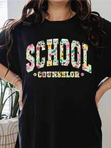 School Counselor Floral Design White T-Shirt For Women Casual Wear Gift Idea For Teachers And Educators - Black - View 1