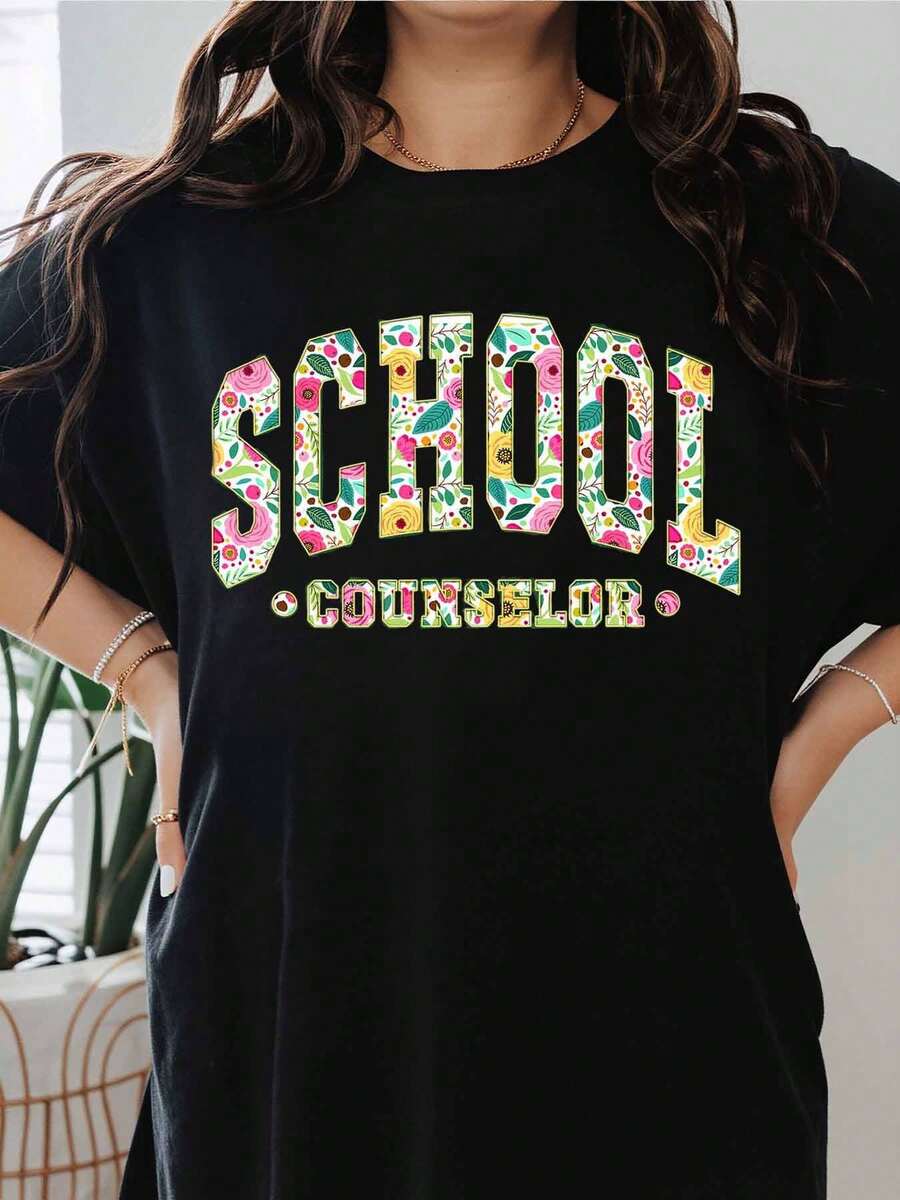 School Counselor Floral Design White T-Shirt For Women Casual Wear Gift Idea For Teachers And Educators - Black - View 1