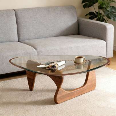 Triangle Clear Glass Coffee Table With Solid Wood Base - Sturdy Stable, Sleek Modern Design | Easy To Clean For Living Room, Apartment & Small Spaces