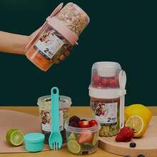 1 Piece Portable Salad Cup, Double Layer Oatmeal Cup, Breakfast Cup (With Lid And Spoon) For Office, Home Outdoor, Picnic, Camping, Work, School - Multicolor - View 2