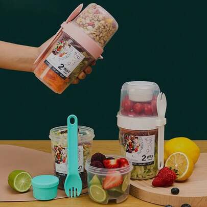 1 Piece Portable Salad Cup, Double Layer Oatmeal Cup, Breakfast Cup (With Lid And Spoon) For Office, Home Outdoor, Picnic, Camping, Work, School