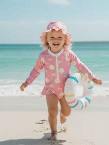 Baby Girl Swimsuit Long Sleeve One Piece Swimsuit Romper With Hat Baby Girl Bathing Suit Infant Beach Rash Guard - 粉色 - 查看 3