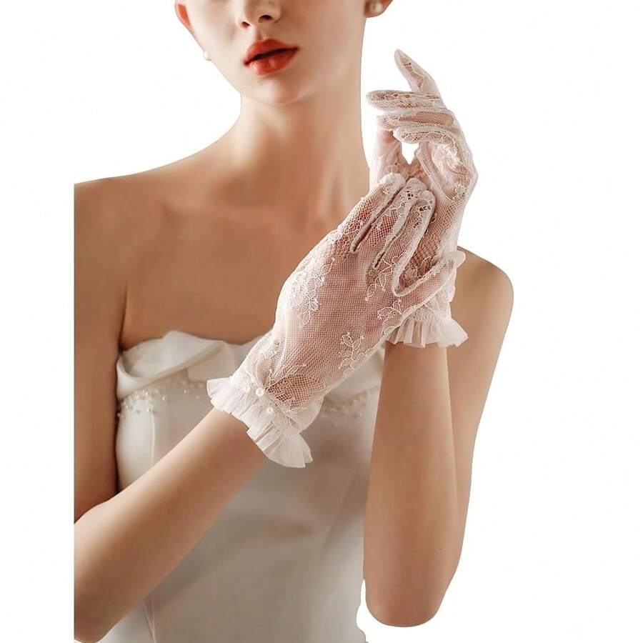 Short Lace Mesh Gloves Tulle Border With Pearls Wedding Opera Tea Party Gloves For Women Formal,OneSize,Ivory-1 - Ivory-1 - View 1