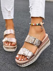 Sandal đế xuồng cao gót màu vàng hồng họa tiết da cá sấu dành cho nữ, quai đôi, khóa kim loại, đế dày, thích hợp cho mùa hè, đi nghỉ mát, đi biển. - Rượu sâm banh - Xem 6