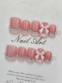 10片粉色蝴蝶结水钻法式短方形裸色极简高端Y2K软妹风美甲贴片 - 粉色 - 查看 3