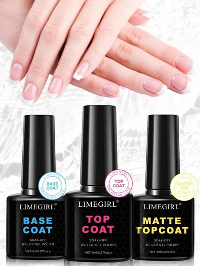 LIMEGIRL 3 st/2 st/1 st 8 ml baslack och överlackset, glansigt/matt, utan avtorkningsbehov, lämplig för UV/LED-härdande gelnagellack