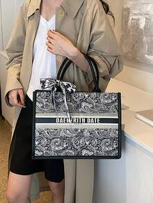 (28cm*20cm*10cm) Bolsa Feminina da Moda, Grande Capacidade, Formato Quadrado, Leve, Decoração de Lenço Requintada, Material Resistente a Arranhões e Abrasões, Adequada para Compras, Encontros, Reuniões, Transporte, Padrão de Letra, Elegante Bolsa Tote Casual Minimalista para Senhoras