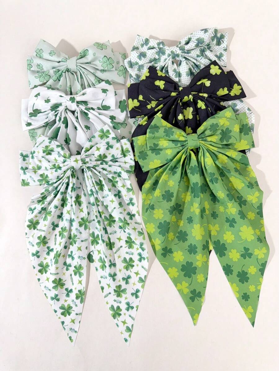 6个儿童绿色三叶草蝴蝶结发夹，女孩弹力丝带发夹，圣帕特里克节头饰，适合日常佩戴 - 彩色 - 查看 1