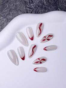 10 pièces d'autocollants pour ongles en acrylique faits à la main, ongles courts, faux ongles, set de nail art, manucure française, ongles mignons, ongles Y2K, ongles du Nouvel An, ongles en amande, ongles blancs, ongles rouges, ongles rouge rose, ongles dorés, ongles blancs brillants effet œil de chat, fleur œil de chat rouge peinte à la main, style simple et élégant, convient aux femmes et aux filles pour les activités quotidiennes et les déplacements, outils à ongles inclus. - Rouge - Voir 5