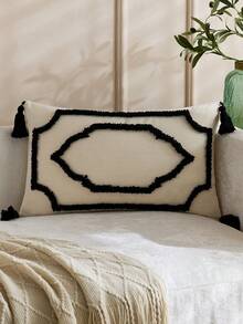 1pc/2pcs Set Semi-Circle Geometric Pattern Pillow Case, Canvas Circle Velvet Embroidery Crafted Square Cushion Cover, For Daily Use In Bedroom, Living Room, Sofa, Yard, Garden Decor, Without Core 30*50cm 45*45cm - Black - View 3
