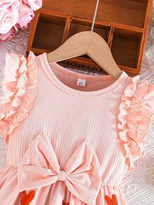 Sleeveless Ruffle Solid Ribbed Bow Floral Print Sweet Dress For Toddler Girls, Summer - Pink - View 3
