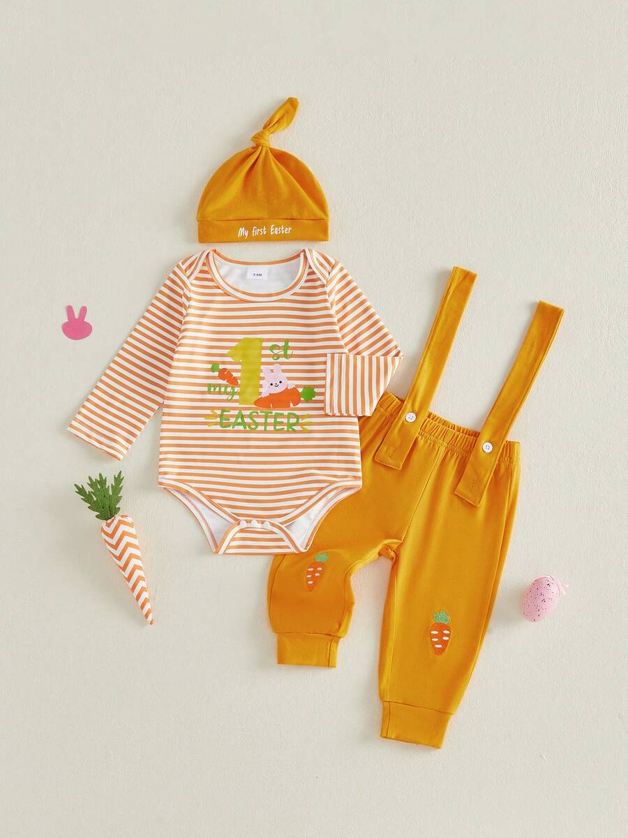 Conjunto de ropa de Pascua para niñas pequeñas, mono de manga larga con estampado de letras de conejito, pantalones y gorro. - Champán - Ver 1
