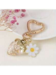 1pc Cute Strawberry Keychain With Fresh White Flower & Heart Decor, Handmade Bag/Car Charm, Gift For Friends/Family, Birthday/Valentine's Day - Multicolor - View 2