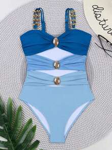 Polovedo Official Women's Colorblock Hollow-Out One-Piece Swimsuit IZPN - Blue - View 3