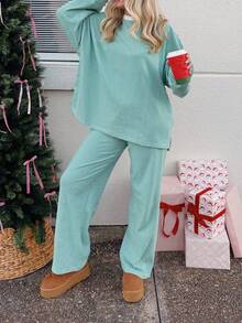 Women's Stripe Printed Round Neck Pullover Set Loose Casual Long Sleeves Top Elastic Waist Pant 2 Pieces Loungewear Set - màu xanh lá cây nhạt - Xem 3