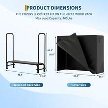 Estante de leña para quemar con cubierta, Tenedores Estante de tronco de leña para quemar al aire libre con cremallera, Estantes de tronco de almacenamiento de leñas para quemar de interior de 4 pies / 8 pies, Tela Oxford impermeable negra - 4 pies - Ver 2